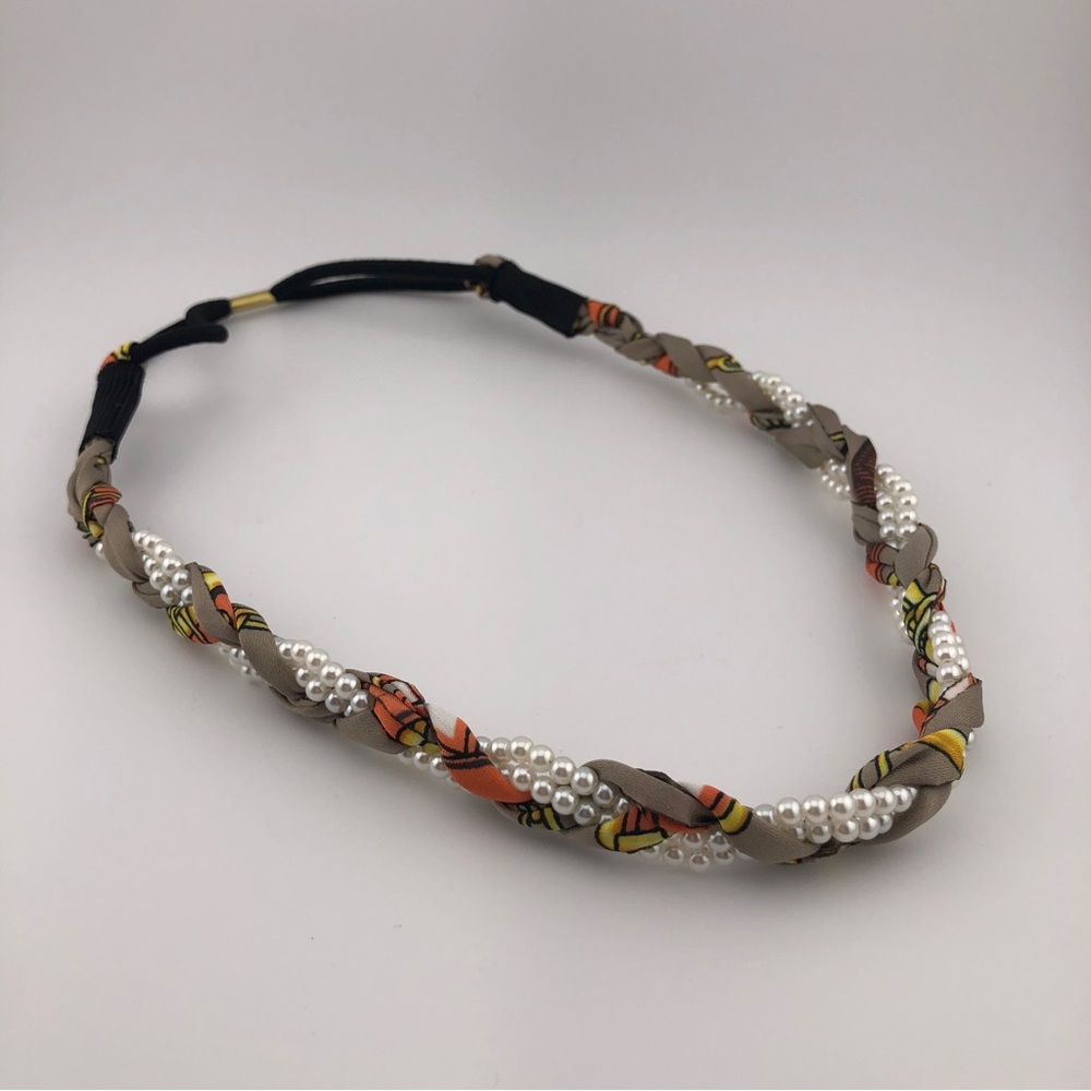 Faux Pearl and Fabric Braided Headband, New, Handmade - Tan